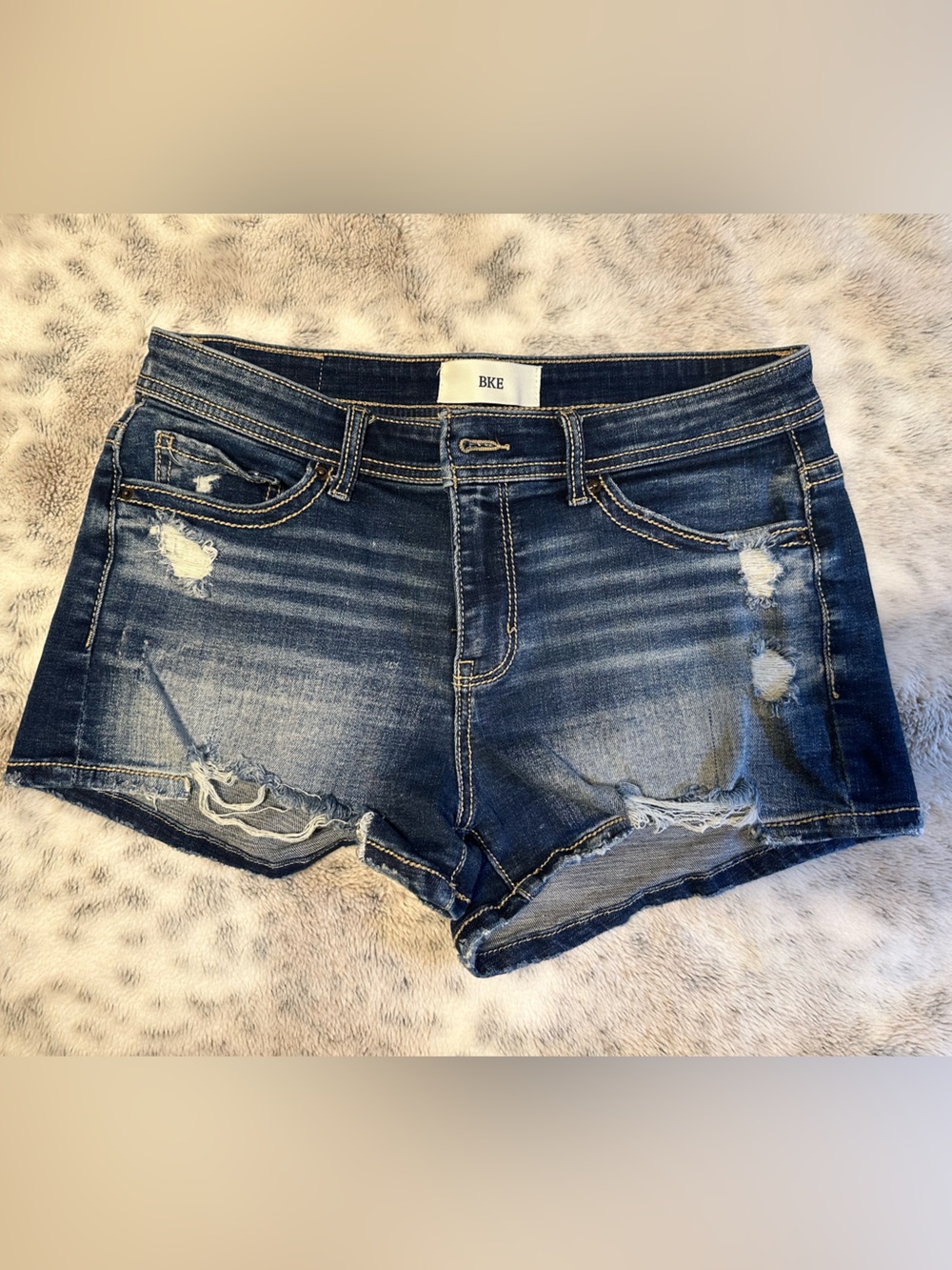 BKE Women's Dark Blue Distressed Denim Shorties